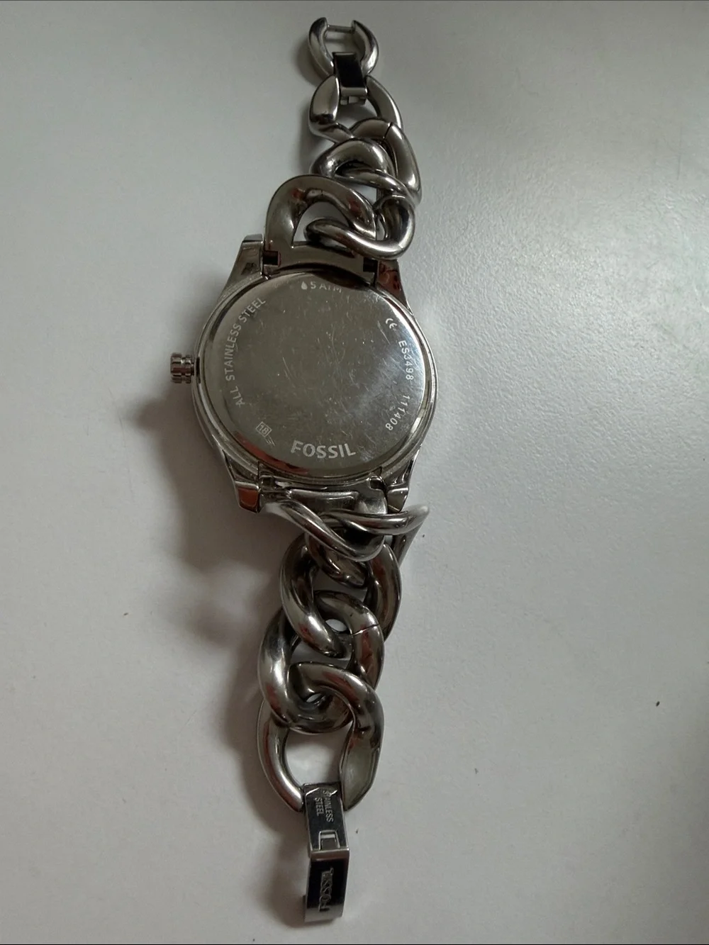 Fossil Silver-Tone Crystal Accent Chain-Link Bracelet Watch needs battery